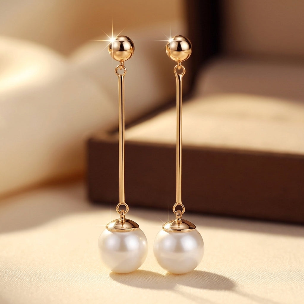 Boucles d'oreilles pendantes longues en perle dorée