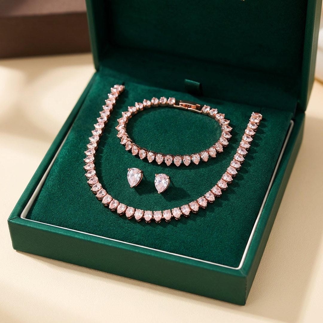 Parure de mariée complète avec zircones cubiques rondes et transparentes