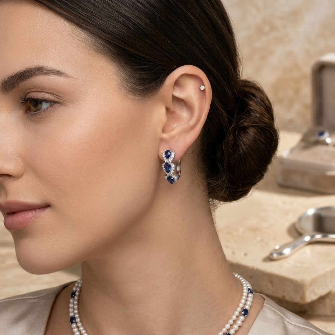 Boucles d'oreilles créoles halo en saphir et argent