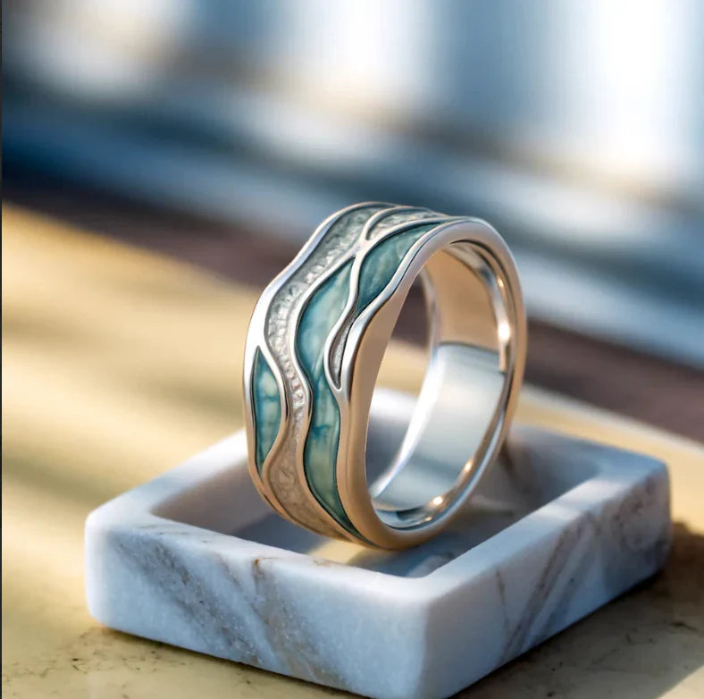 Bague argentée aux vagues turquoise