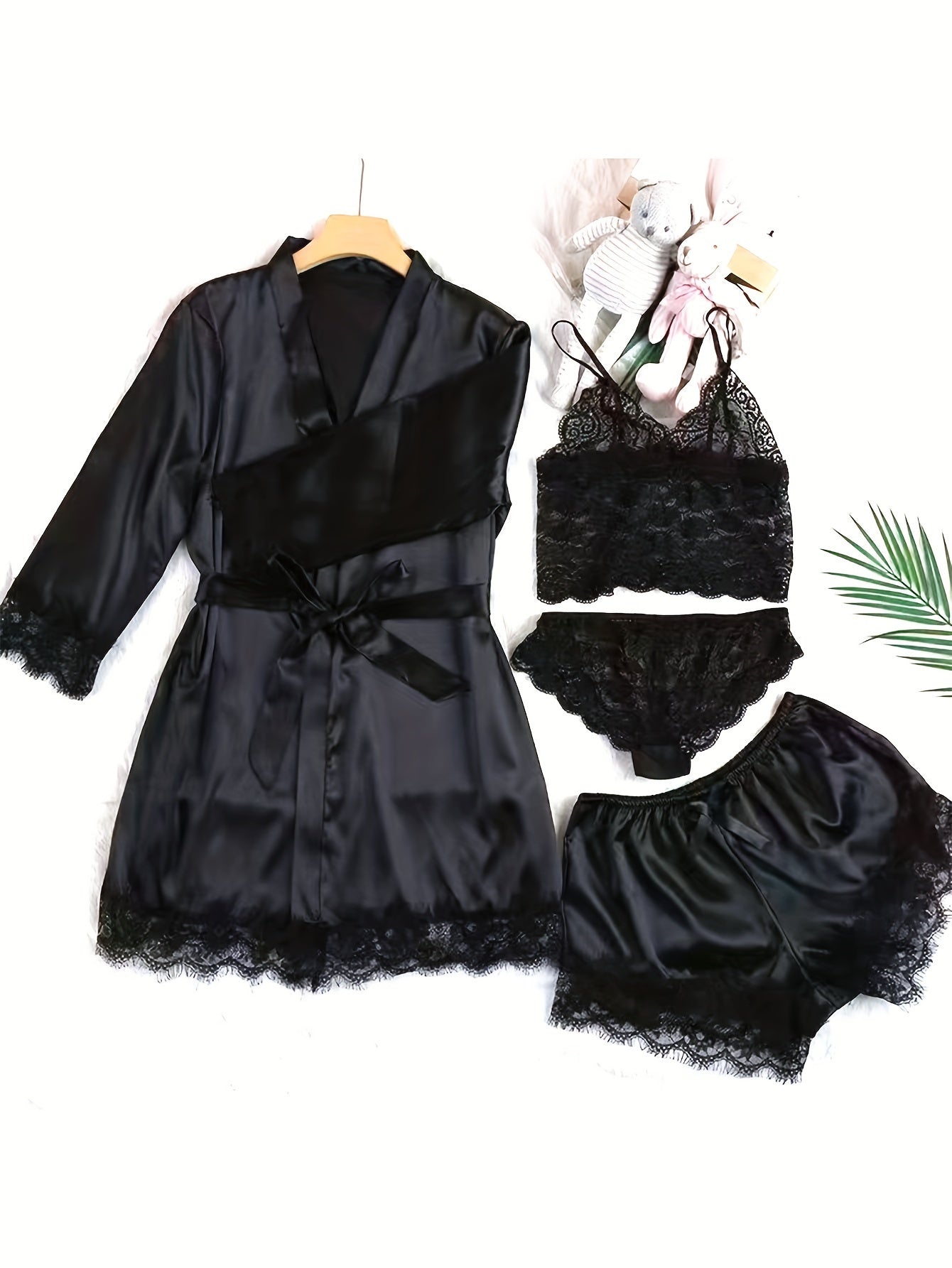 Aurora – Set lounge in raso e pizzo con kimono e pantaloncini