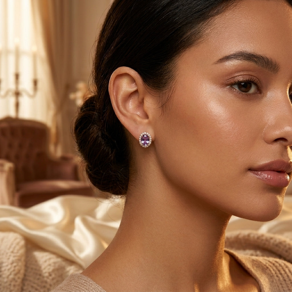 Boucles d'oreilles halo en améthyste et or