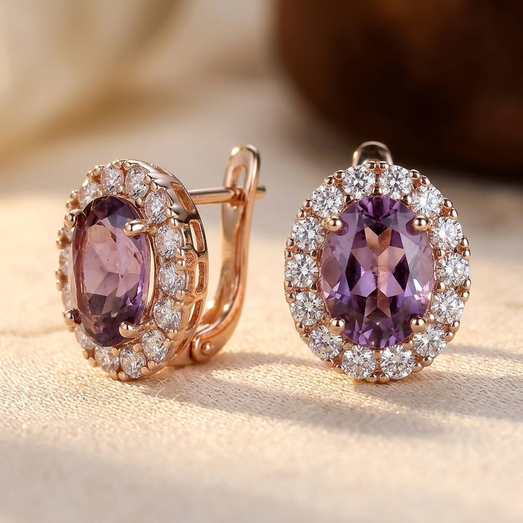 Boucles d'oreilles halo en améthyste et or