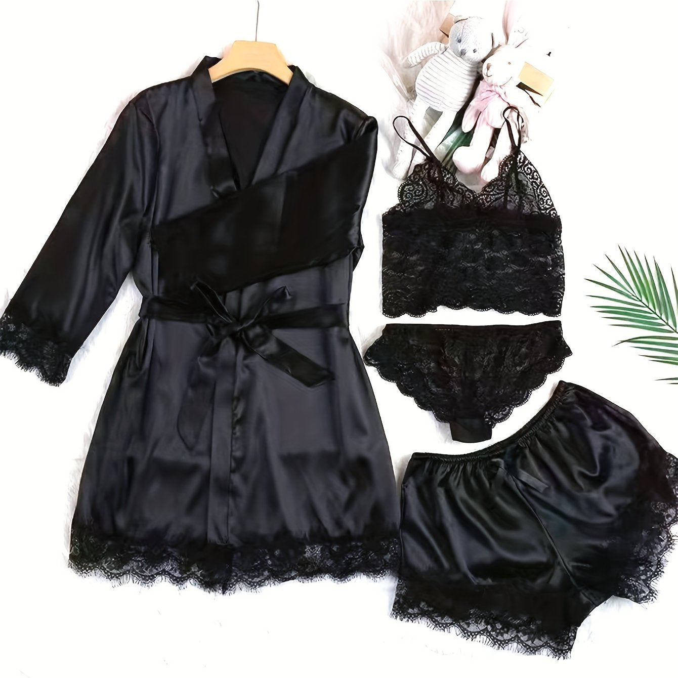 Aurora – Set lounge in raso e pizzo con kimono e pantaloncini