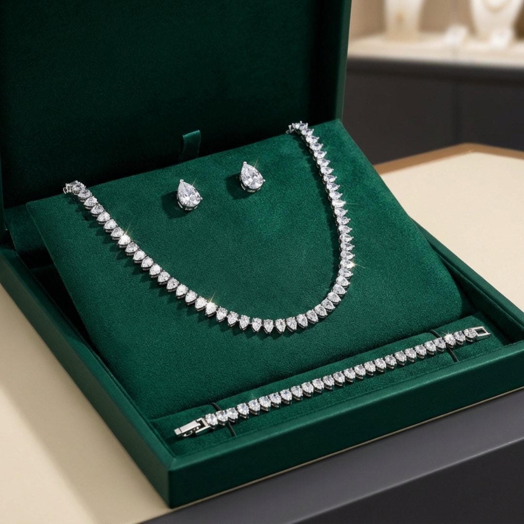 Parure de mariée complète avec zircones cubiques rondes et transparentes