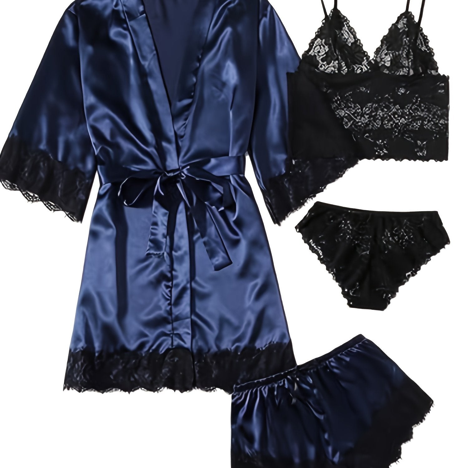 Aurora – Set lounge in raso e pizzo con kimono e pantaloncini