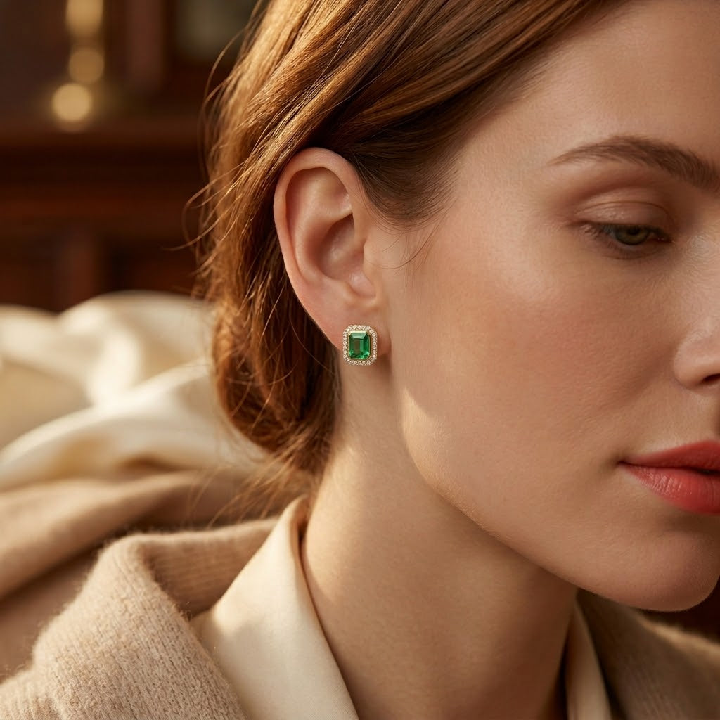 Boucles d'oreilles à puce en or avec halo carré et émeraude
