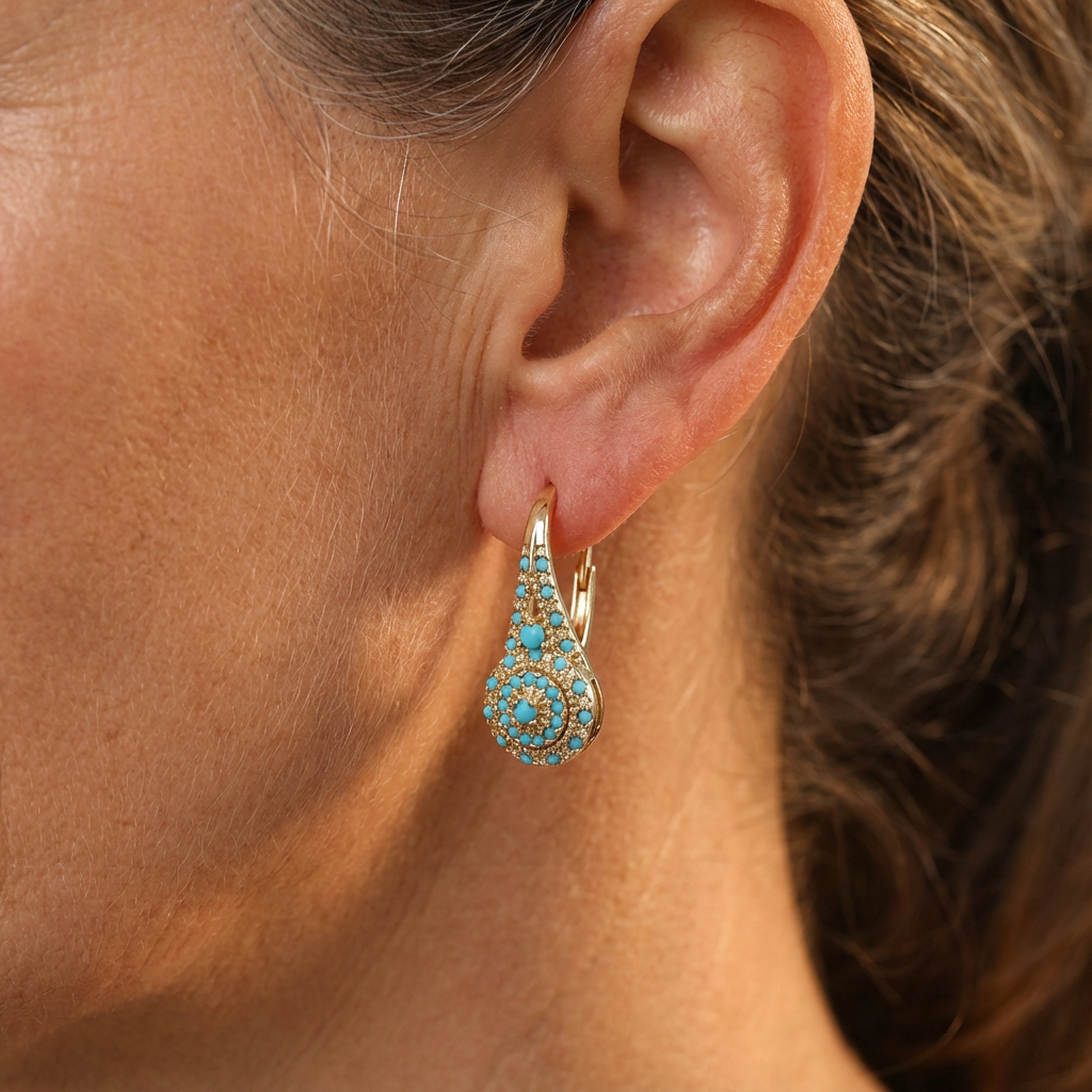 Boucles d'oreilles fleur turquoise dorée