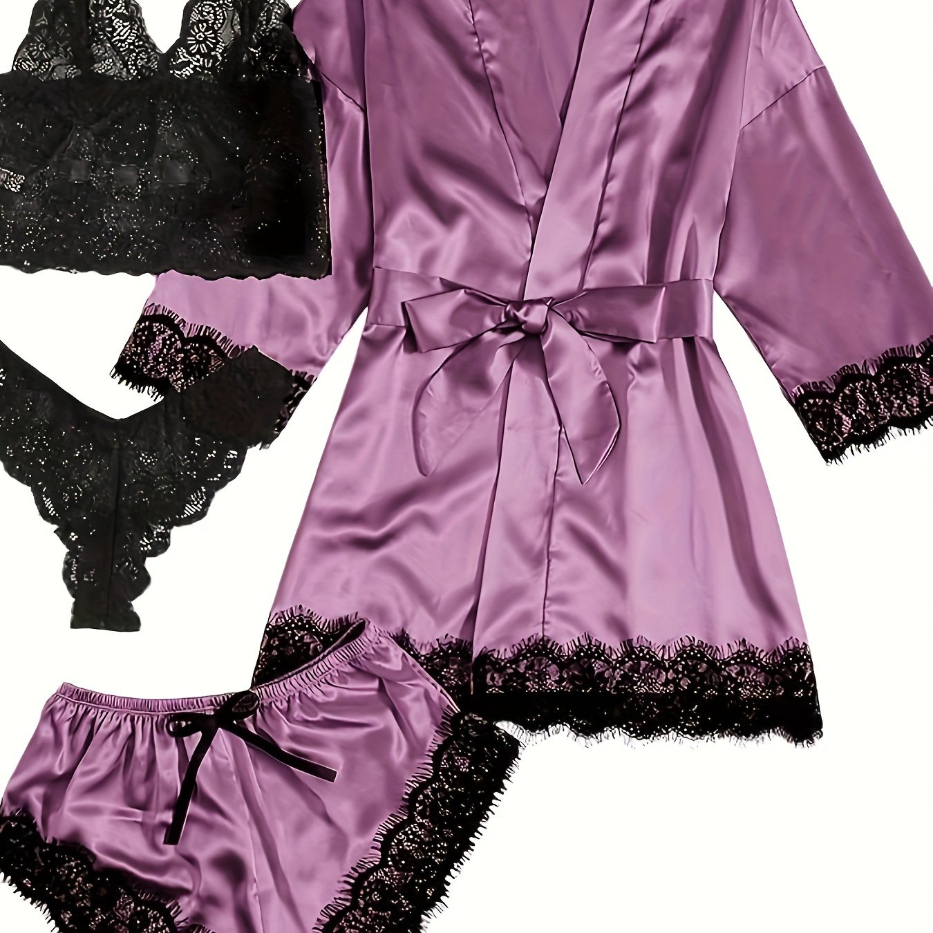 Aurora – Set lounge in raso e pizzo con kimono e pantaloncini