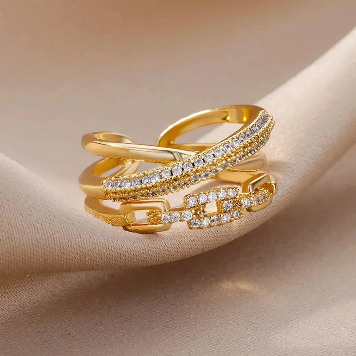 Gold Chain Link Crystal Ring