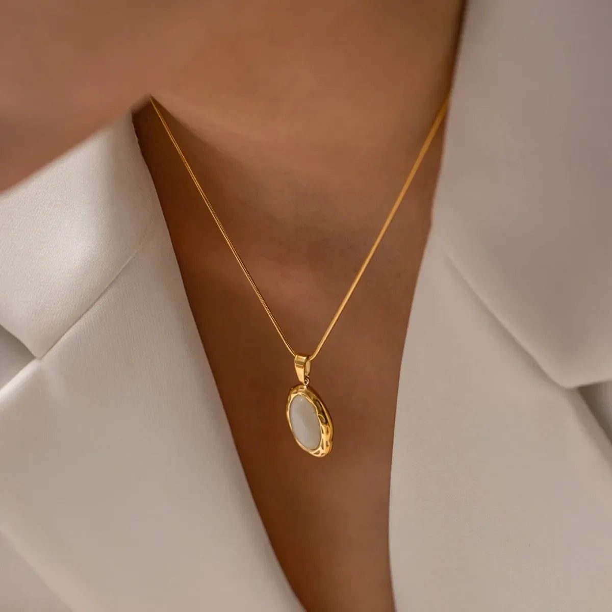 Gold Plated Oval Cat Eye Opal Necklace