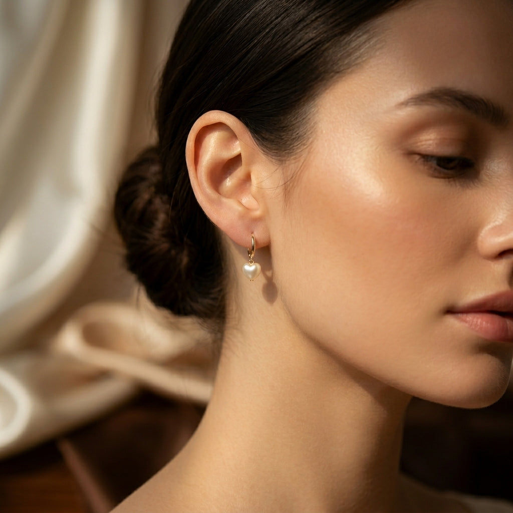 Boucles d'oreilles pendantes en perle cœur dorées