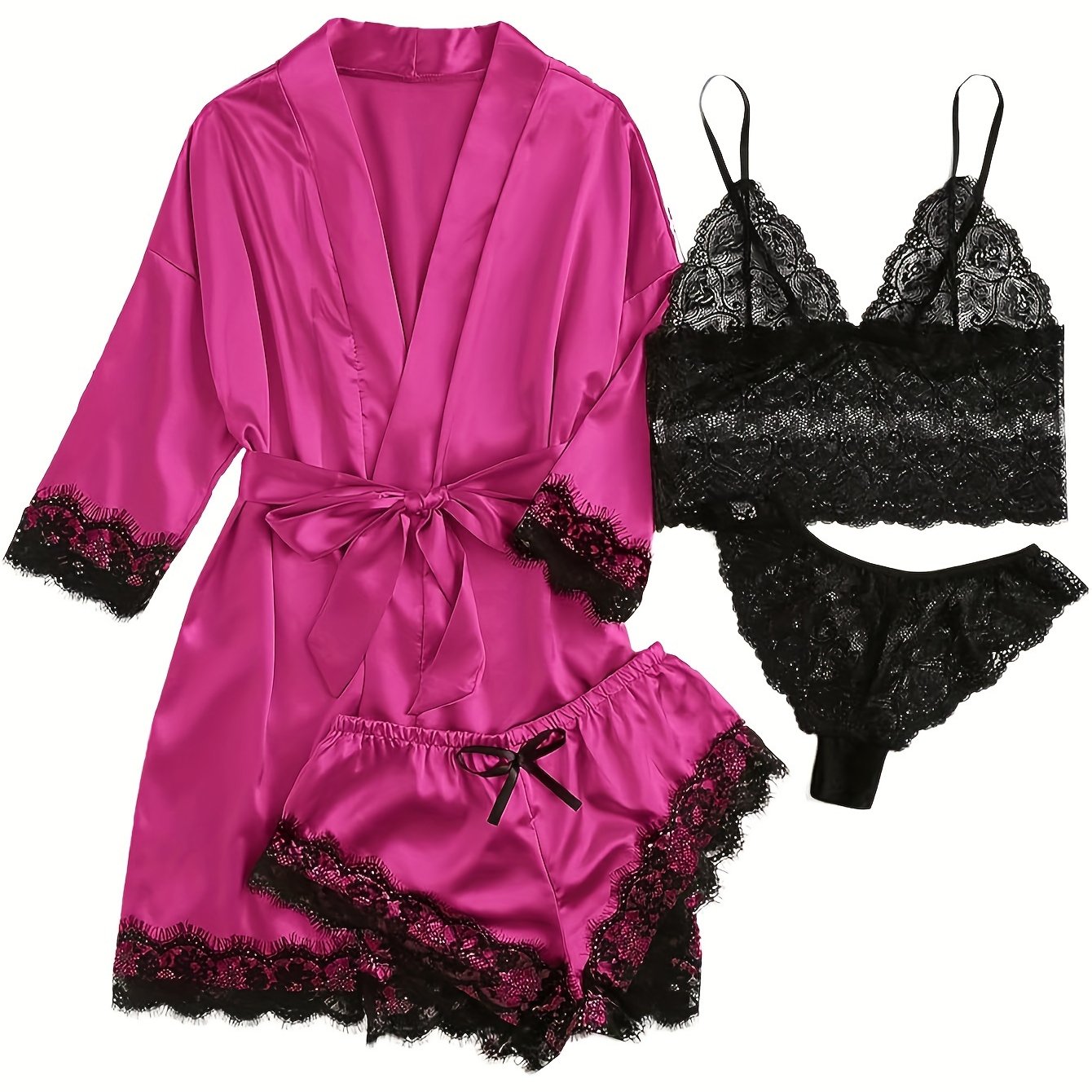 Aurora – Set lounge in raso e pizzo con kimono e pantaloncini