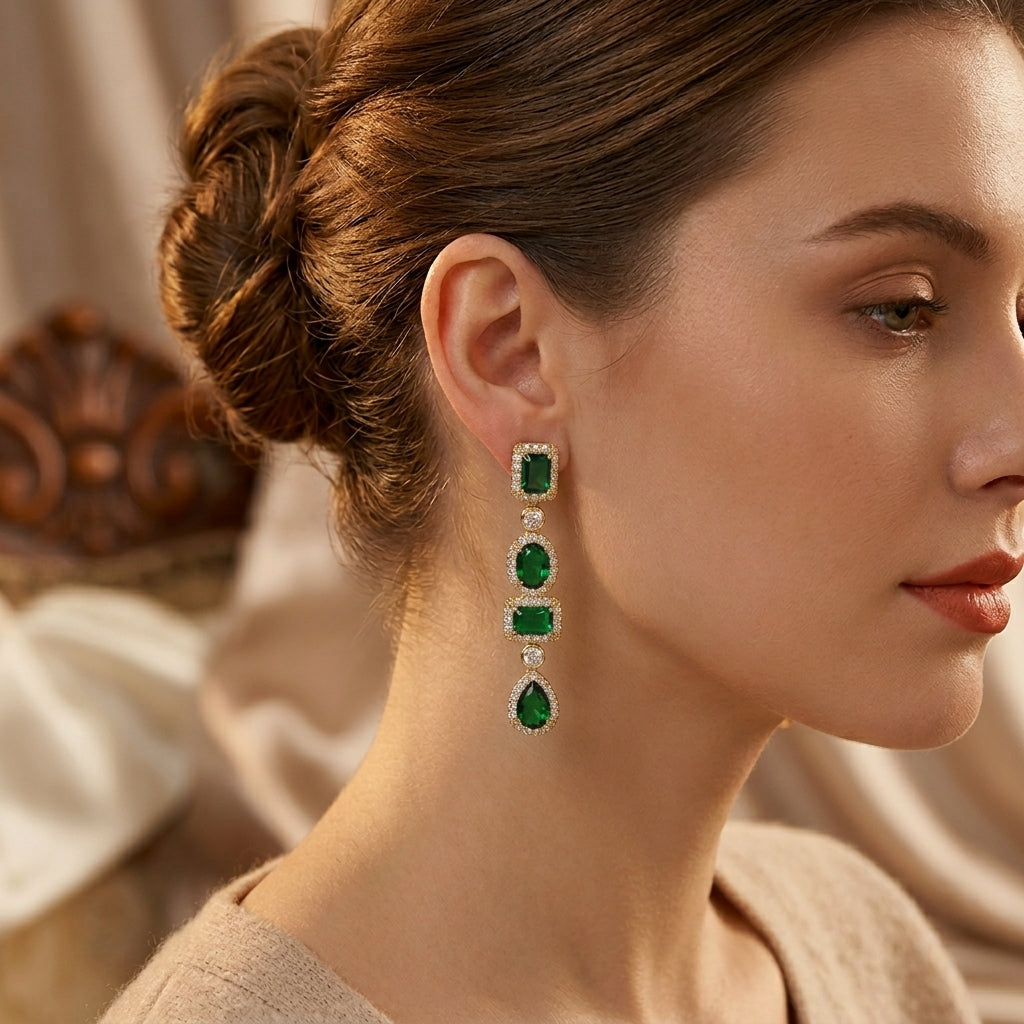 Boucles d'oreilles pendantes dorées à cristaux émeraude multi-formes