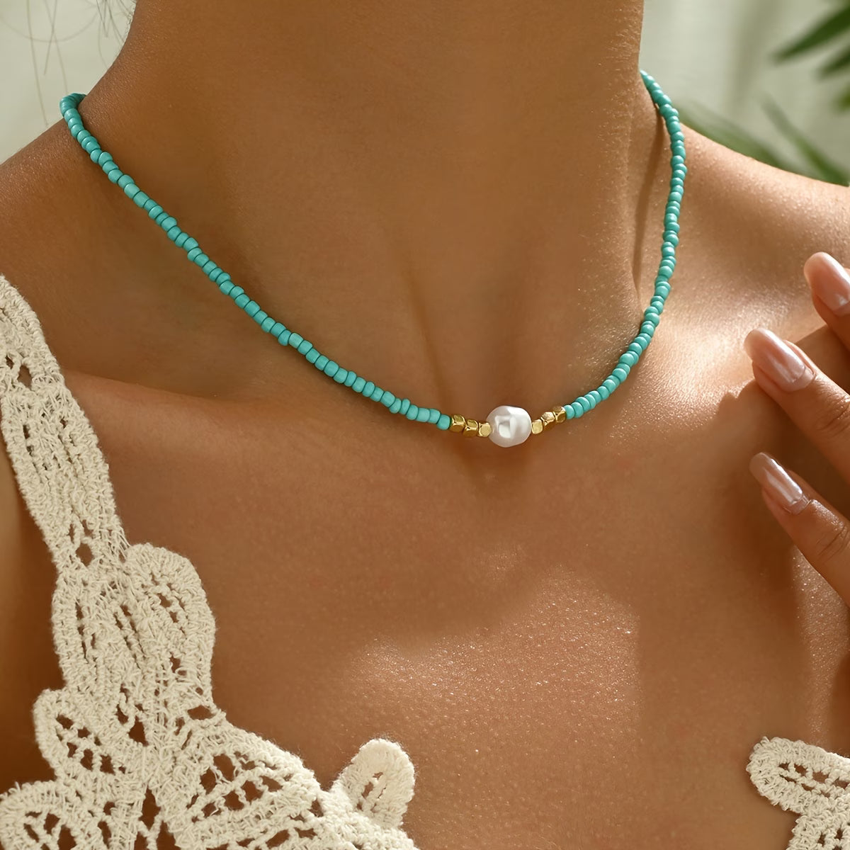 Collier turquoise et perle minimaliste
