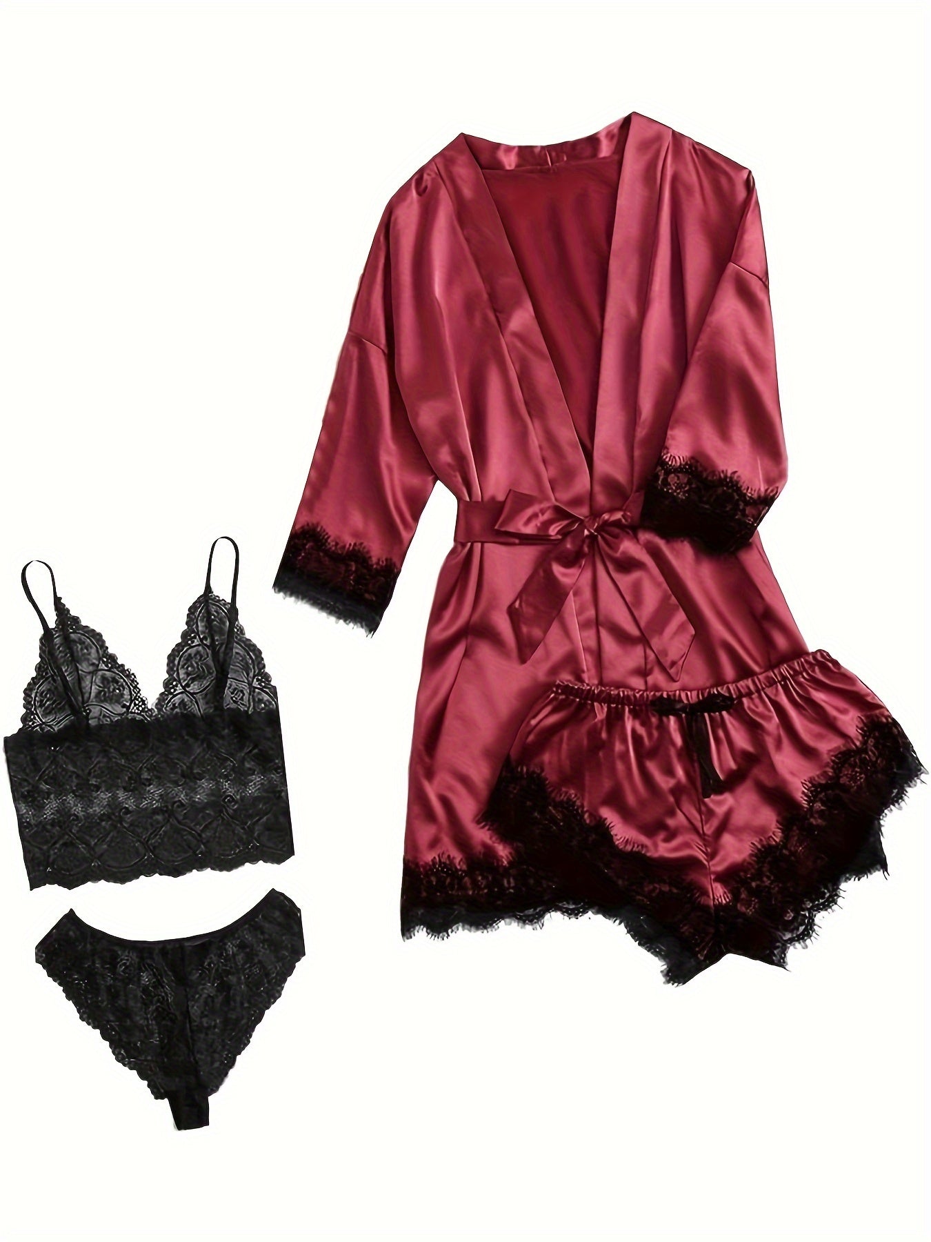 Aurora – Set lounge in raso e pizzo con kimono e pantaloncini