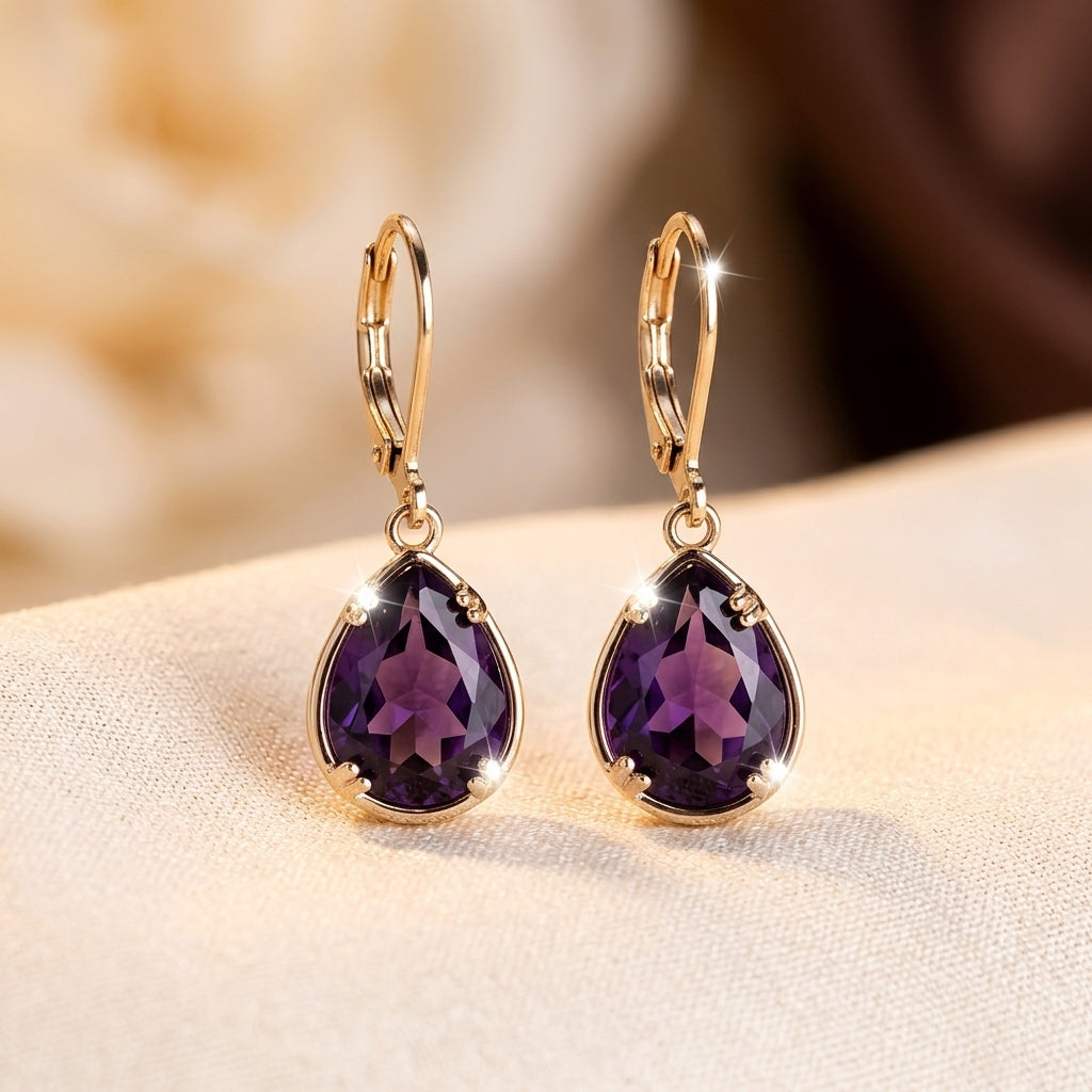 Boucles d'oreilles pendantes en améthyste et or