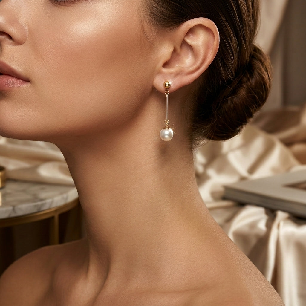 Boucles d'oreilles pendantes longues en perle dorée
