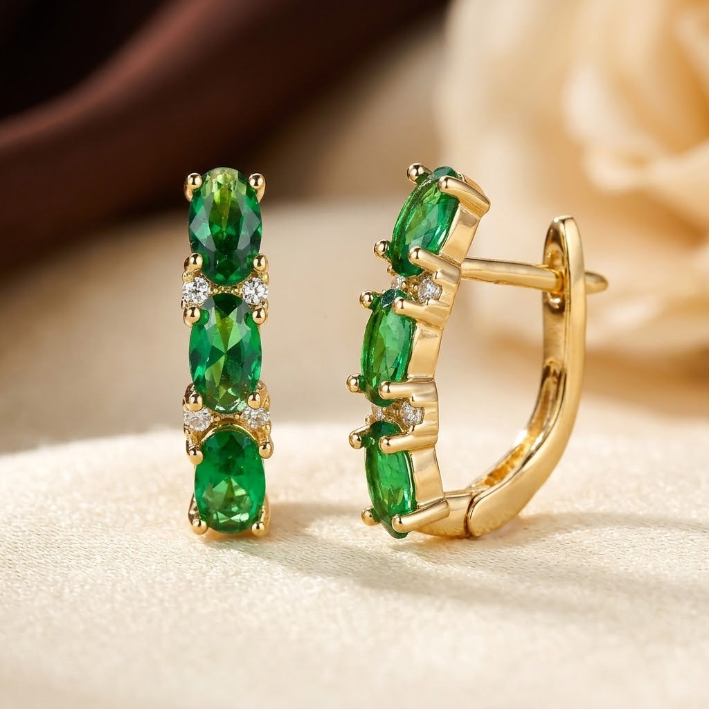 Boucles d'oreilles anneaux verticales or et émeraude