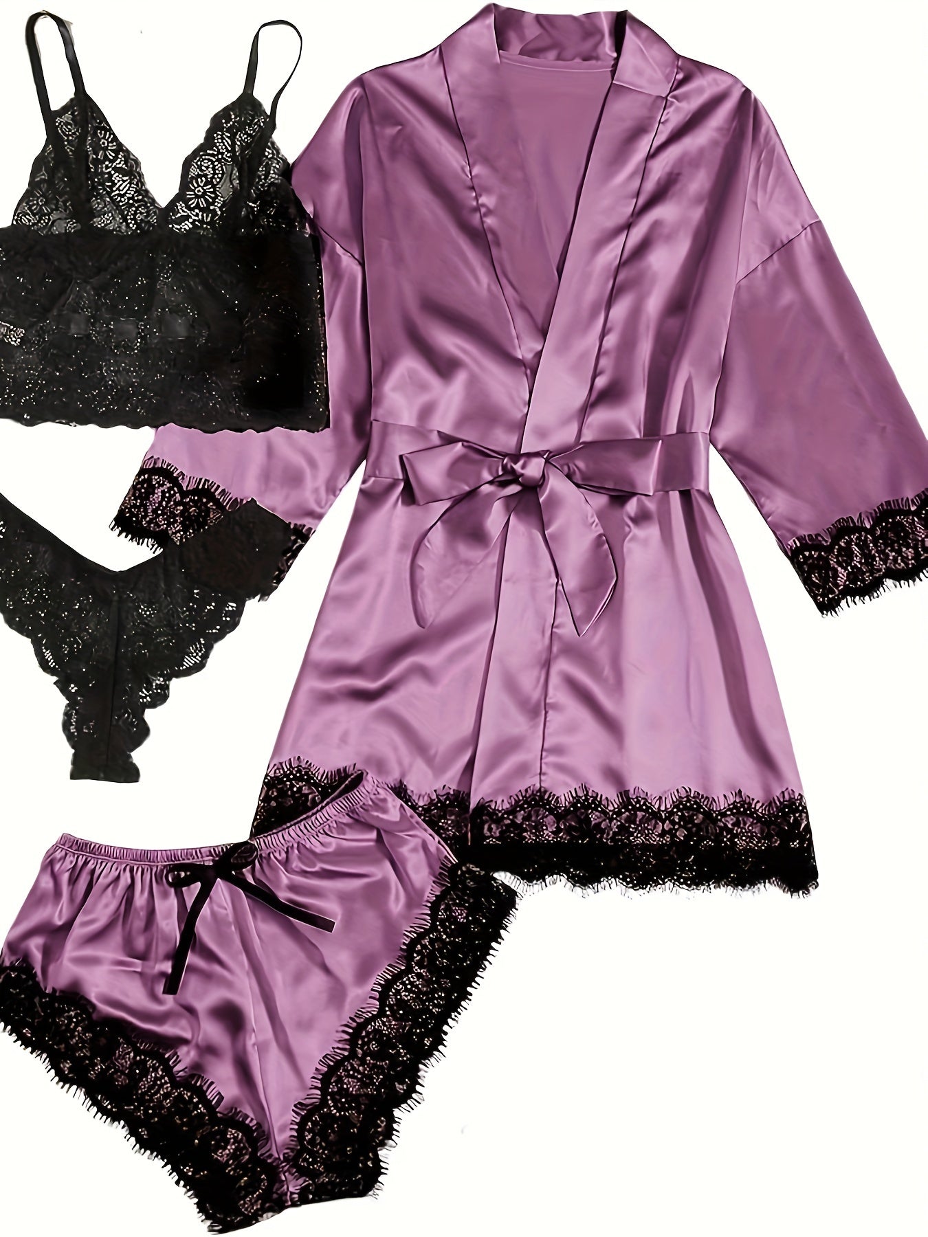 Aurora – Set lounge in raso e pizzo con kimono e pantaloncini