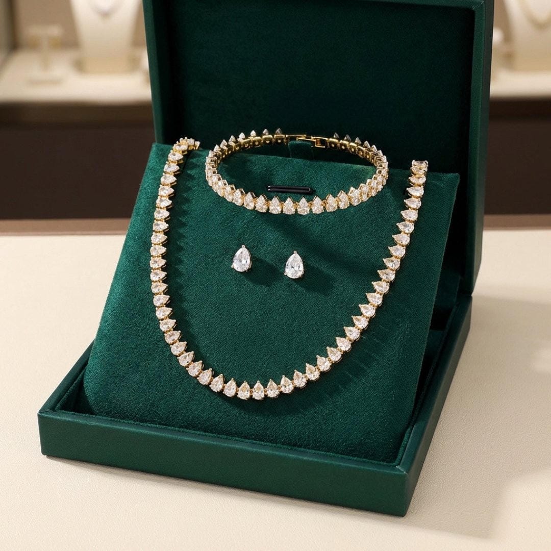 Parure de mariée complète avec zircones cubiques rondes et transparentes