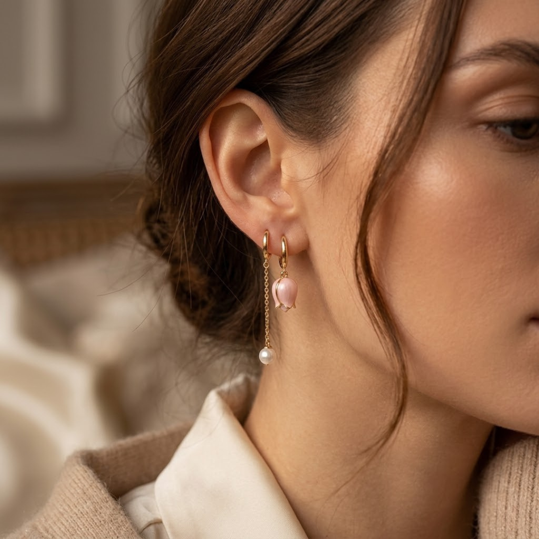 Boucles d'oreilles pendantes fleuries en perle et or