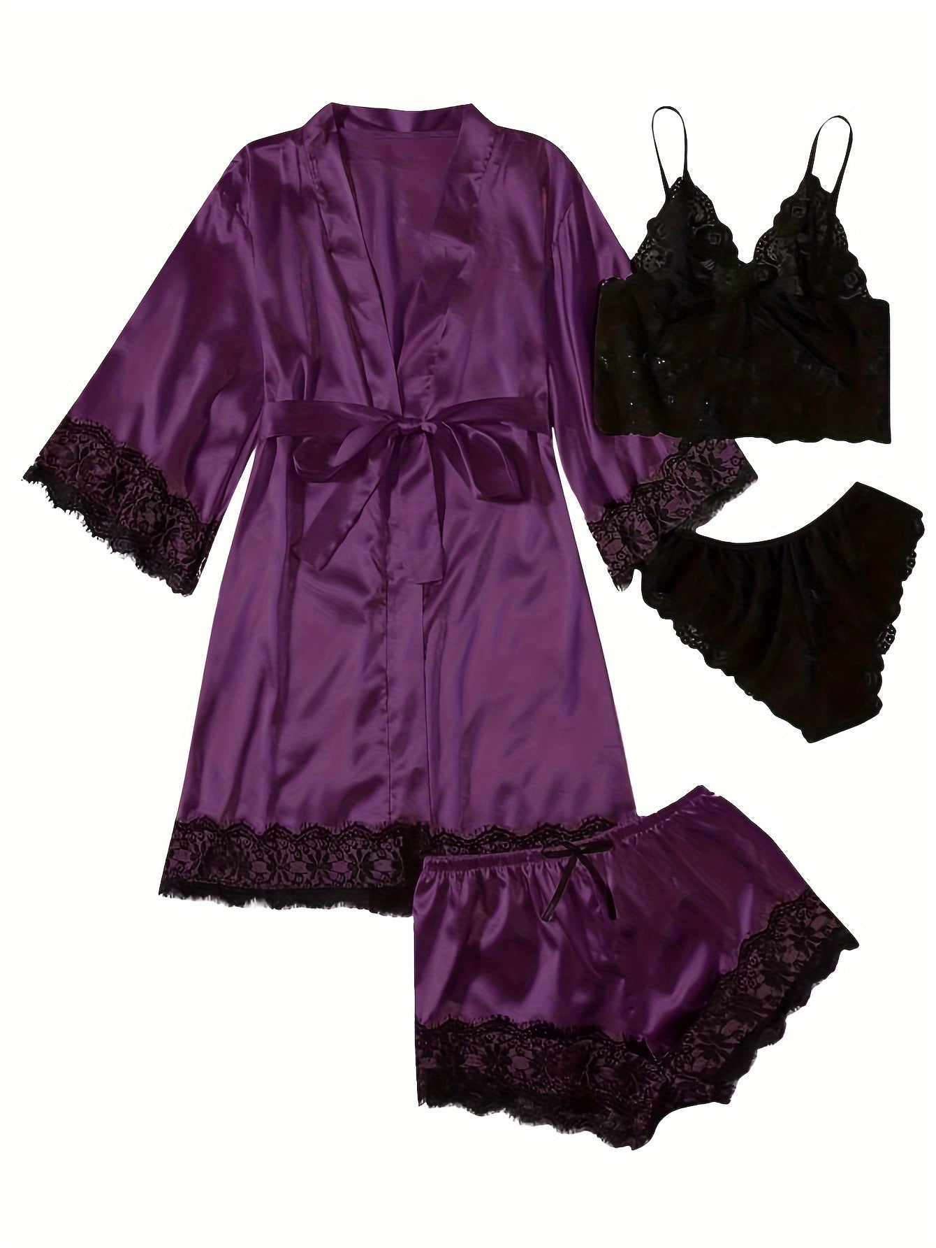 Aurora – Set lounge in raso e pizzo con kimono e pantaloncini