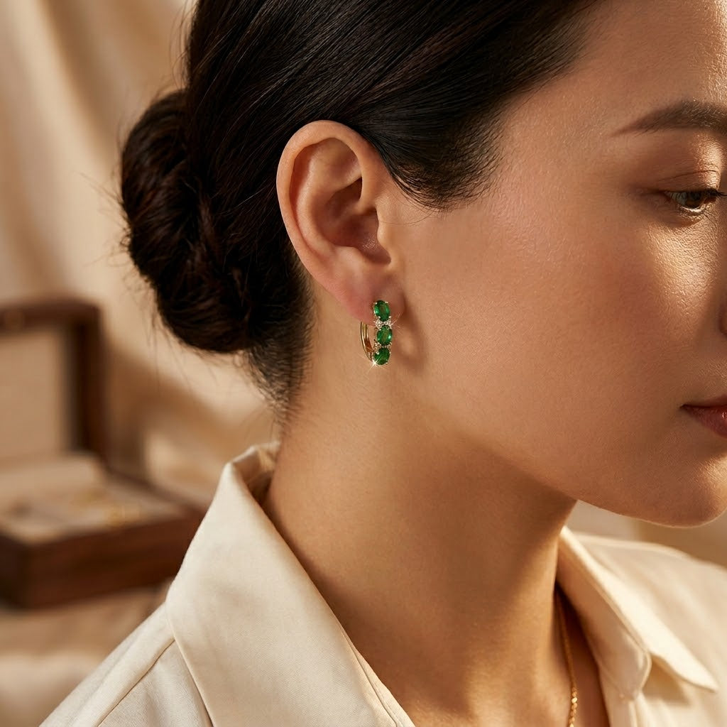 Boucles d'oreilles anneaux verticales or et émeraude