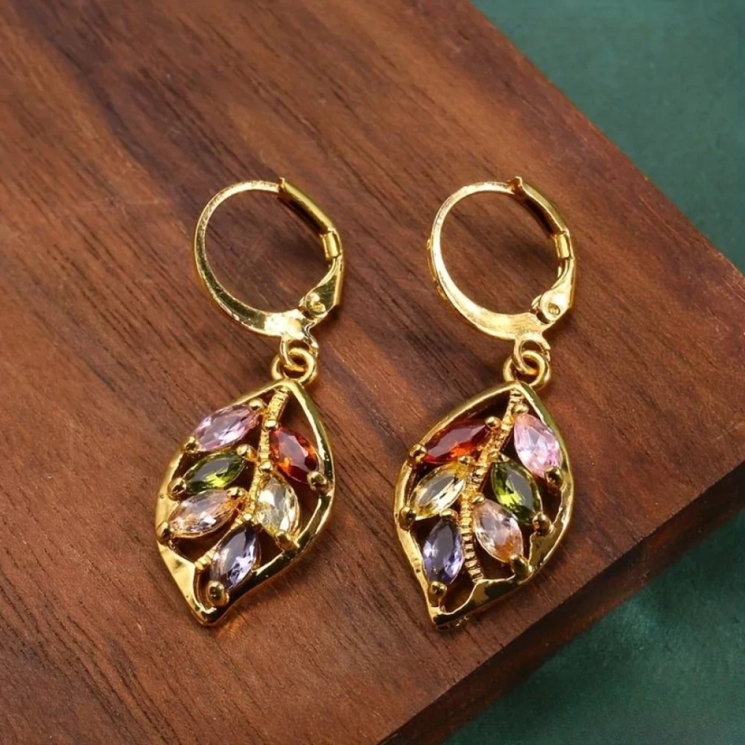 Boucles d’oreilles vintage feuille dorée colorées