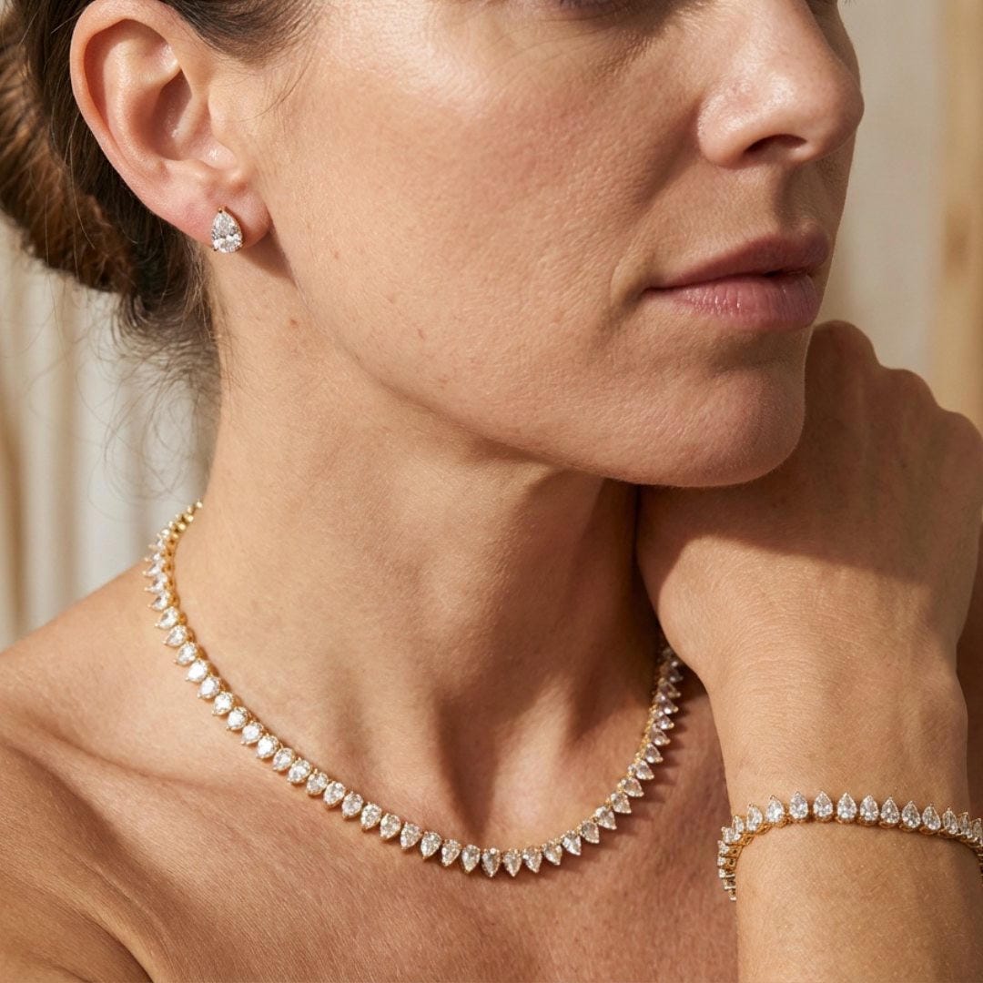 Parure de mariée complète avec zircones cubiques rondes et transparentes