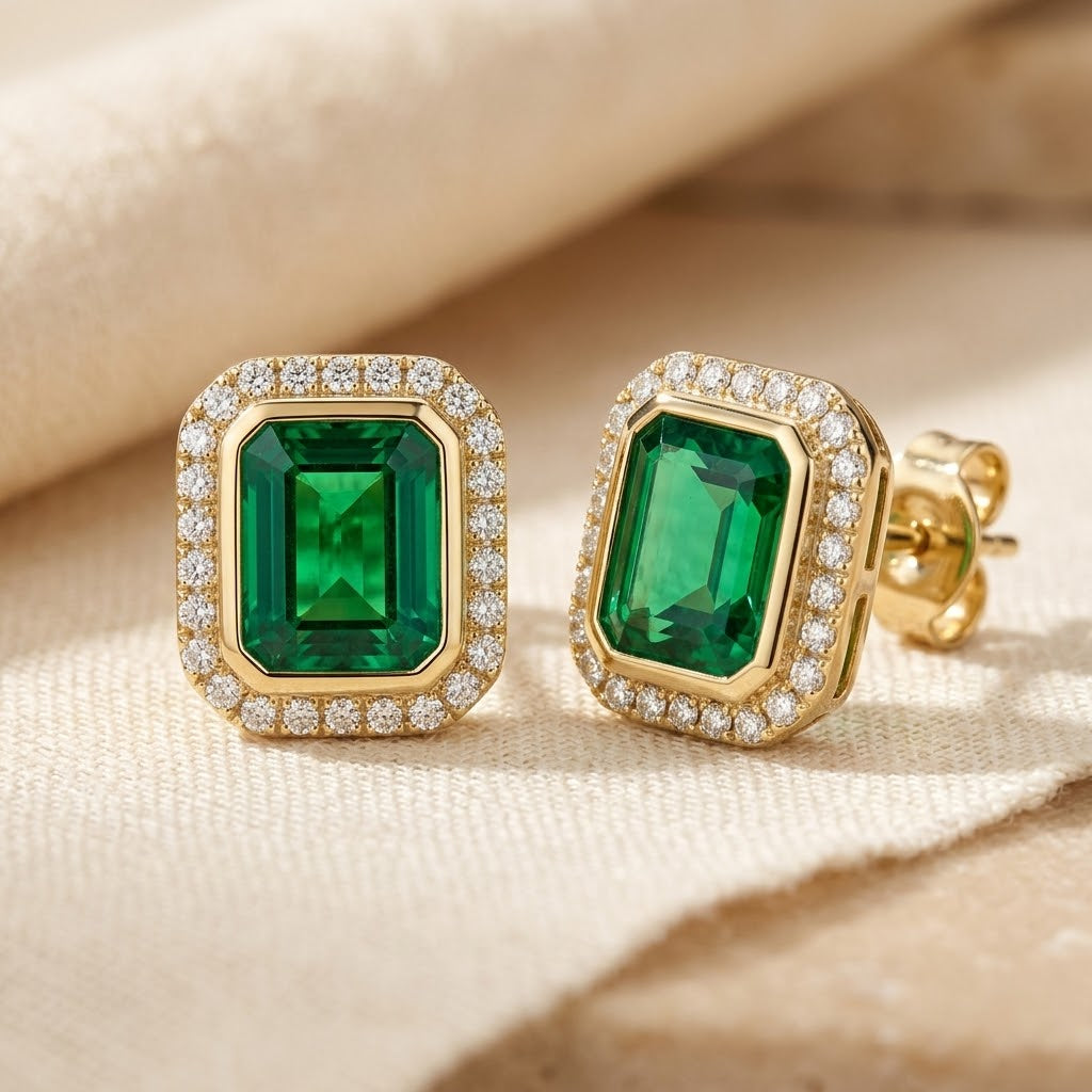 Boucles d'oreilles à puce en or avec halo carré et émeraude