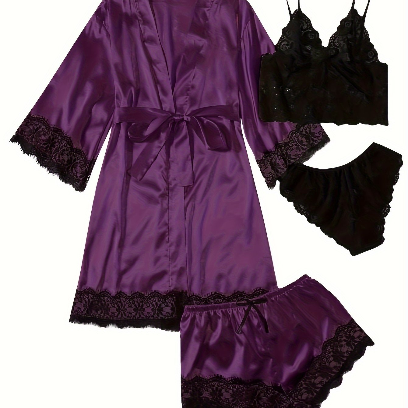 Aurora – Set lounge in raso e pizzo con kimono e pantaloncini
