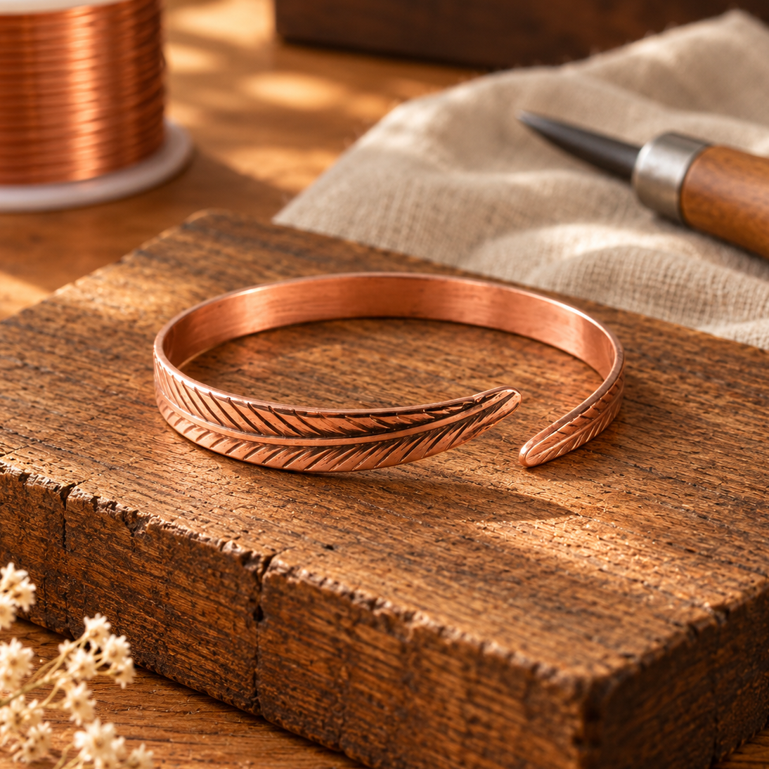 Bracelet en cuivre à motif de plume