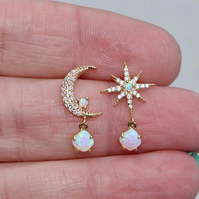 Offre : Boucles d’oreilles Lune et Étoile en or et opale