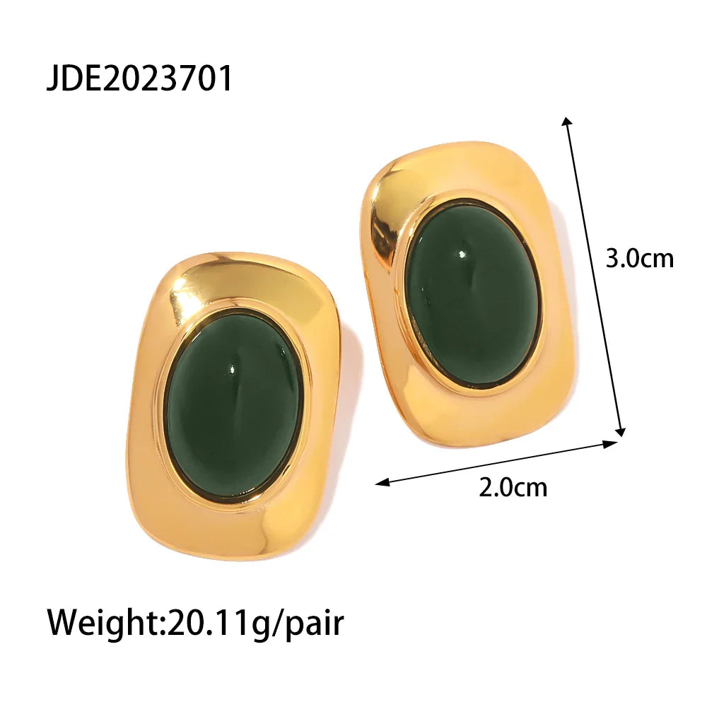 Vintage 18K Gold Plated Green Opal Oval Earrings