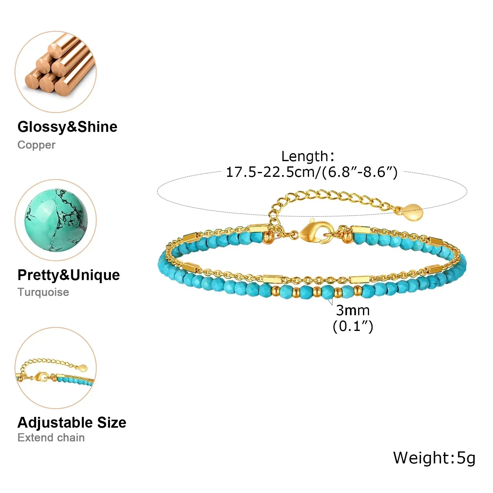 Bracelet chaîne turquoise doré radieux