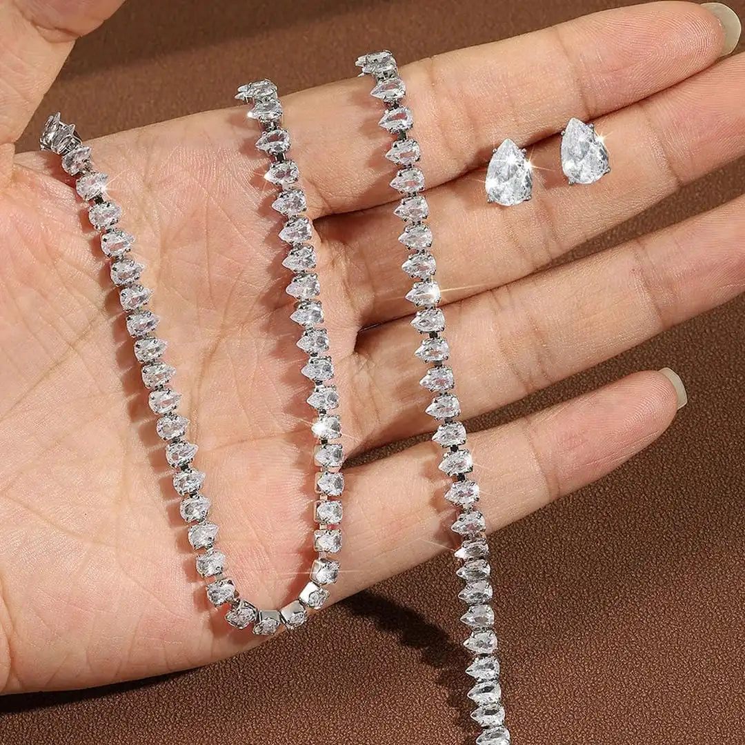 Parure de mariée complète avec zircones cubiques rondes et transparentes
