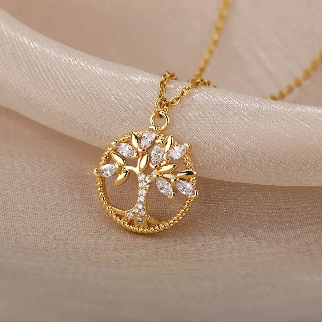 Collier avec pendentif arbre de vie en or avec cristal