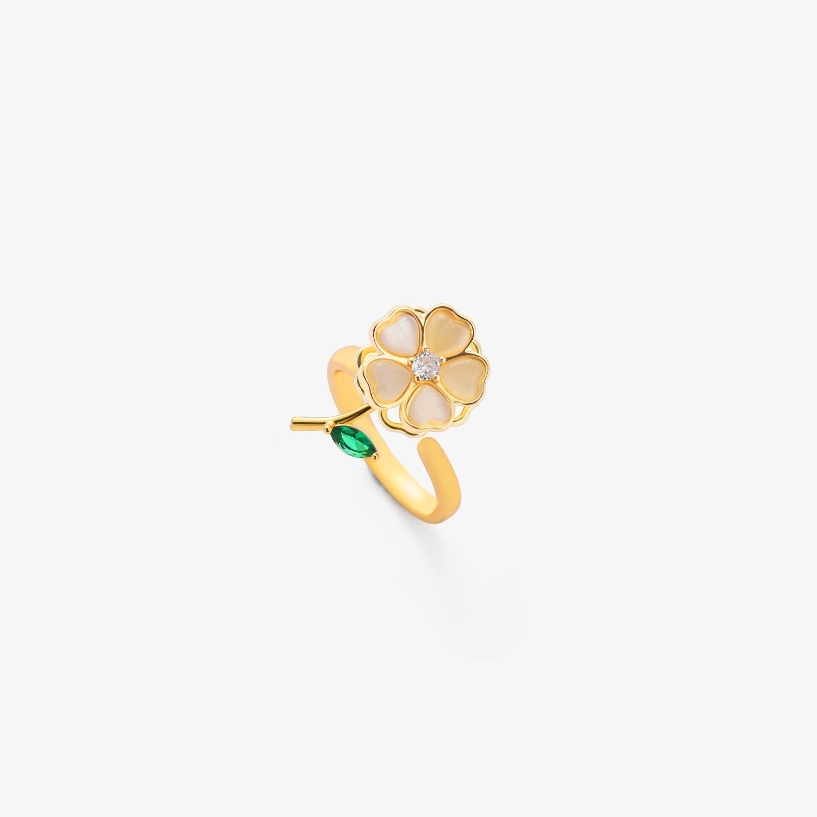 Bague tournante fleur feuille émeraude