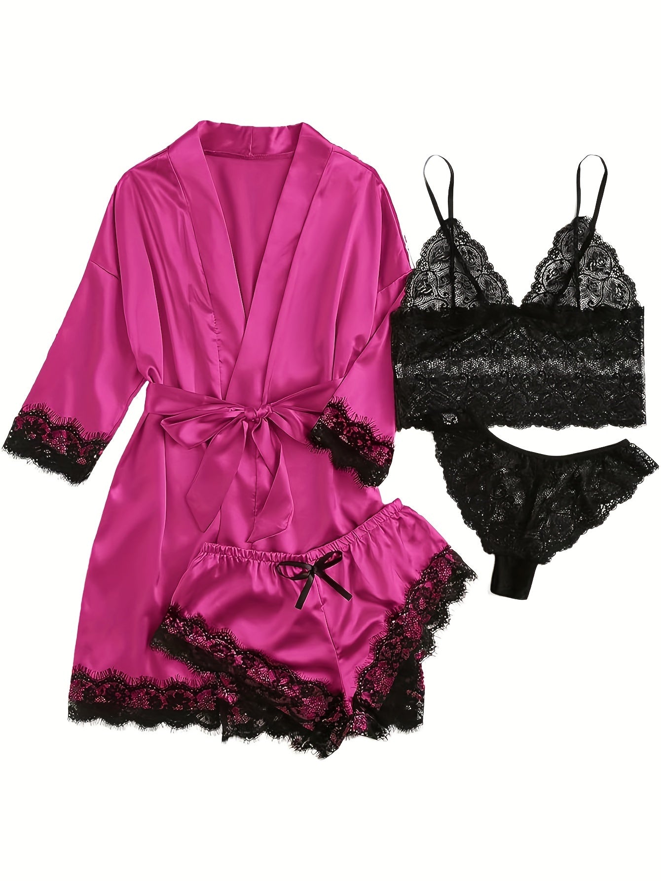 Aurora – Set lounge in raso e pizzo con kimono e pantaloncini