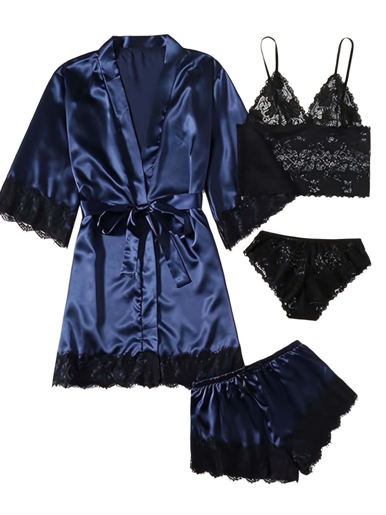 Aurora – Set lounge in raso e pizzo con kimono e pantaloncini