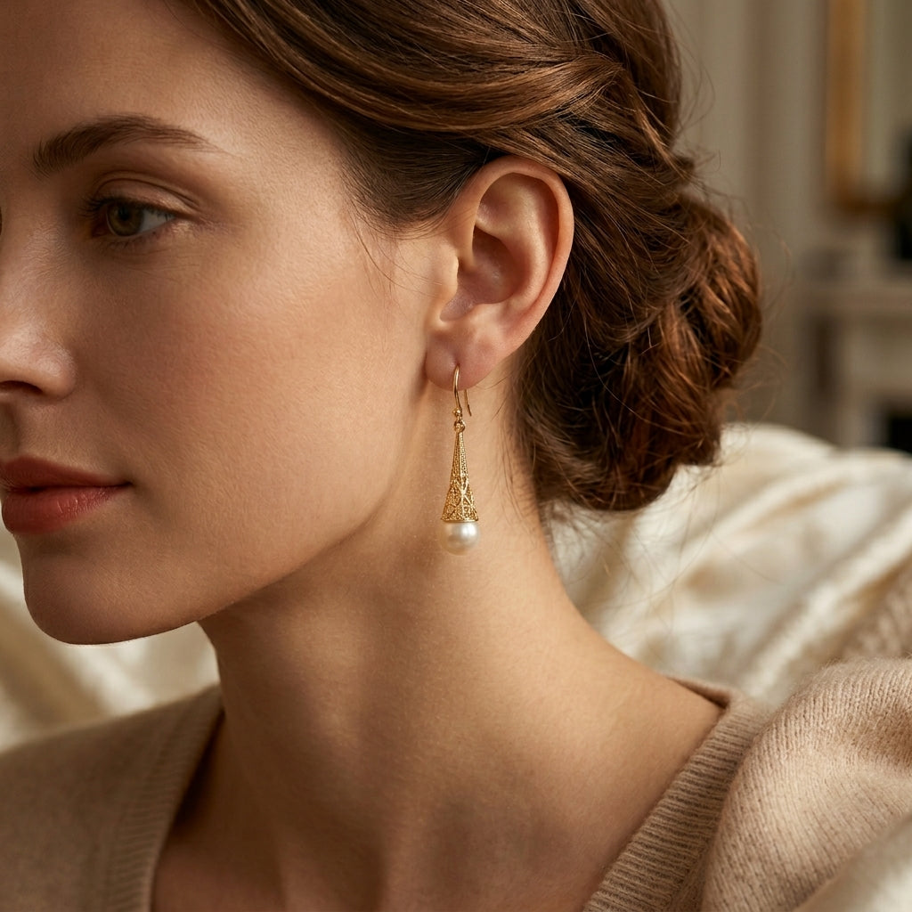 Boucles d'oreilles pendantes en filigrane doré et perles