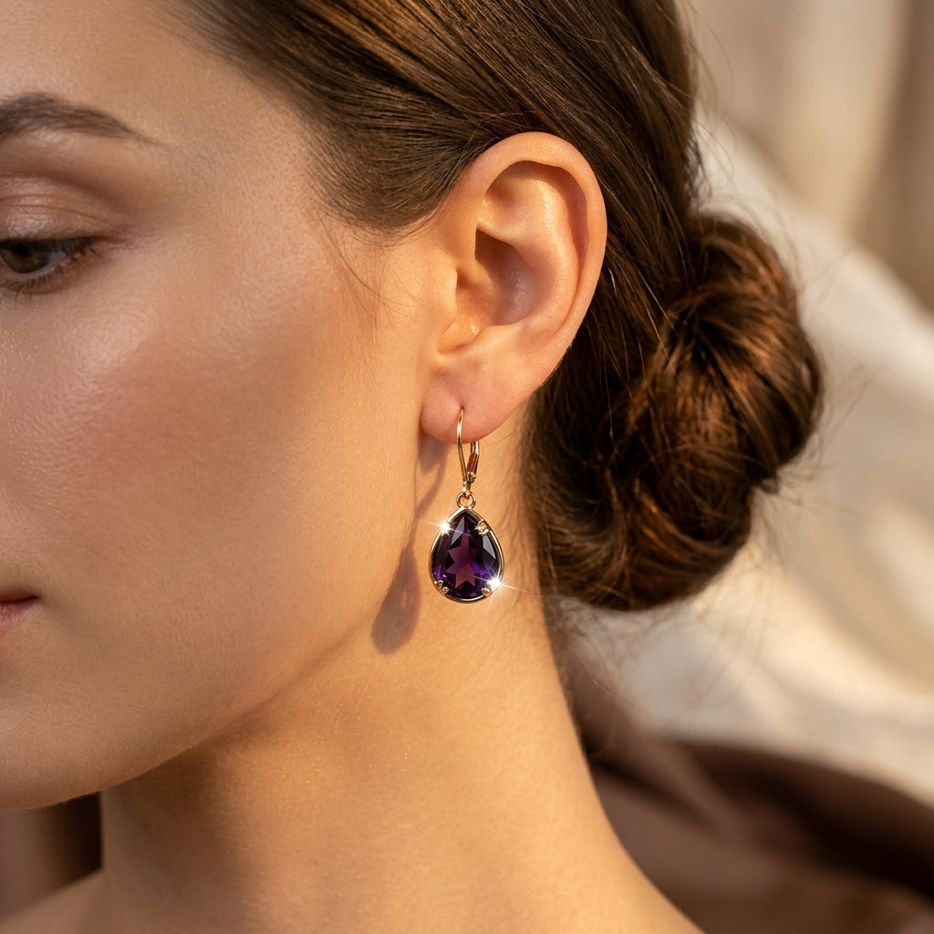 Boucles d'oreilles pendantes en améthyste et or