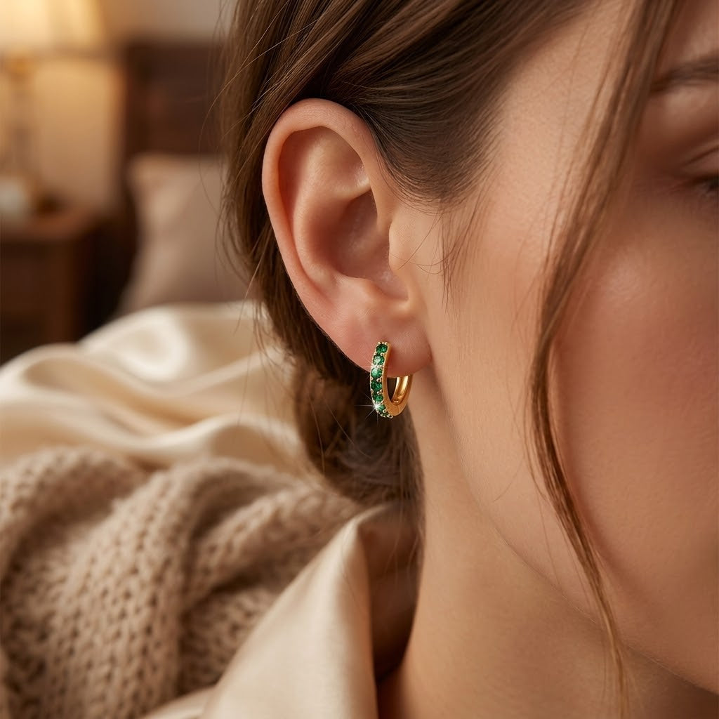 Boucles d'oreilles anneaux dorés émeraude