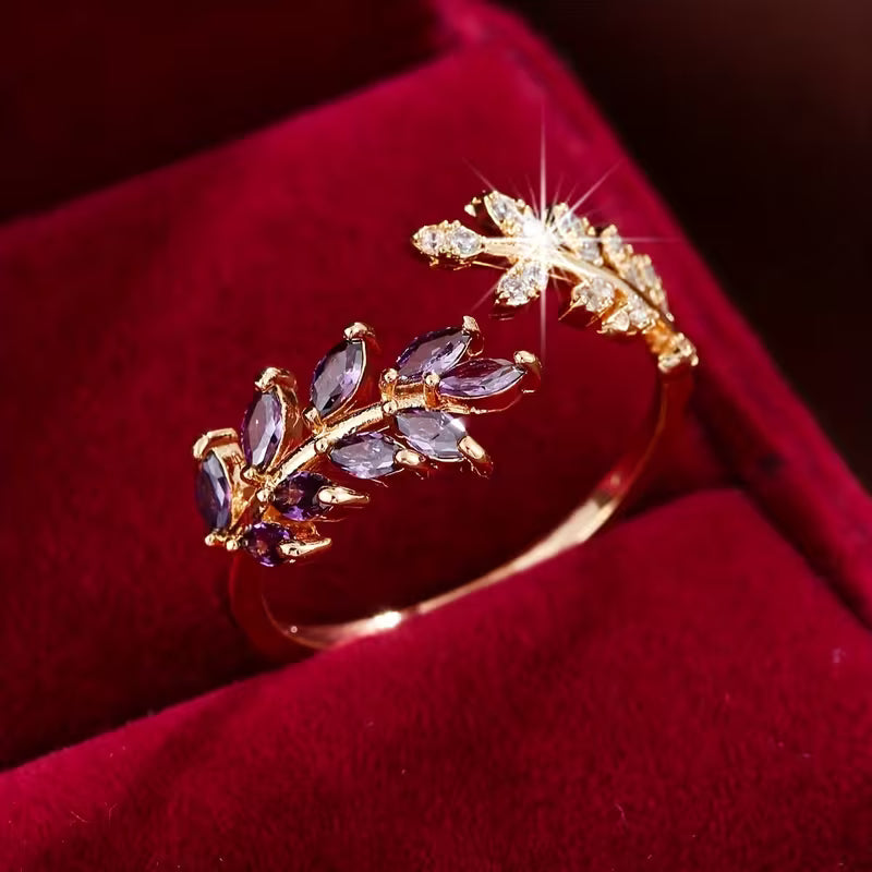 Bague feuille en or avec améthyste