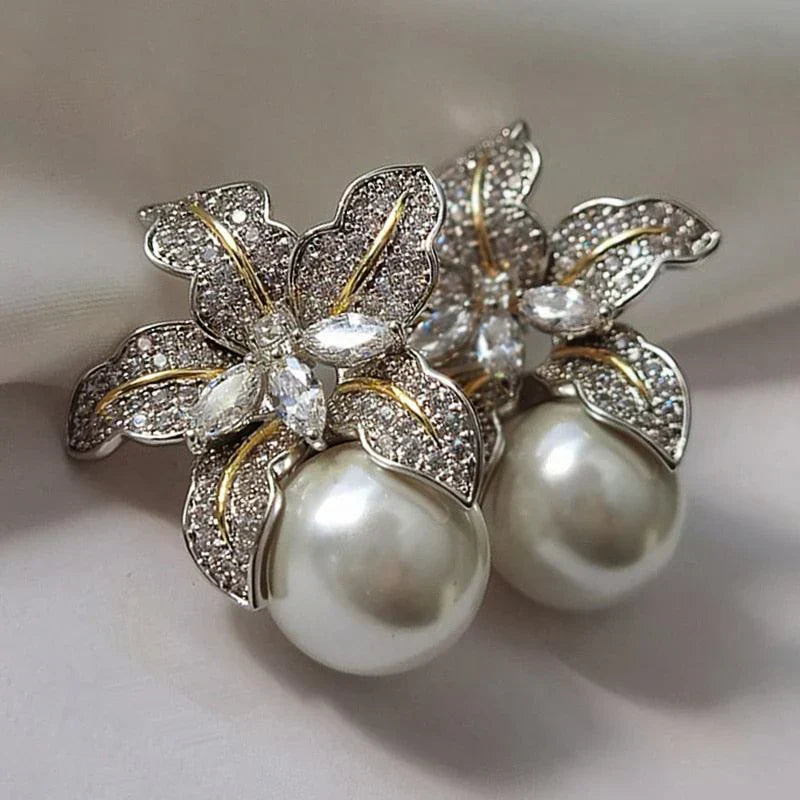 Boucles d'oreilles fleur perle exquises | Or blanc